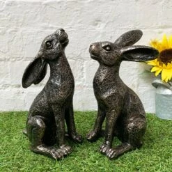 Medium Bronze Resin Sitting Hare Garden Statues 23cm