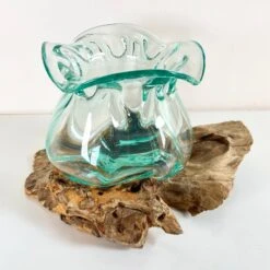 Darthome Limited Molten Crinkle Glass Bowl On Teak Root Wood Stand