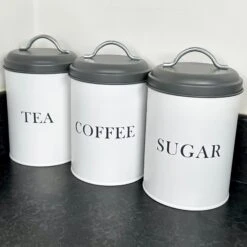 Darthome Limited White Tea Coffee Sugar Canisters With Grey Lids