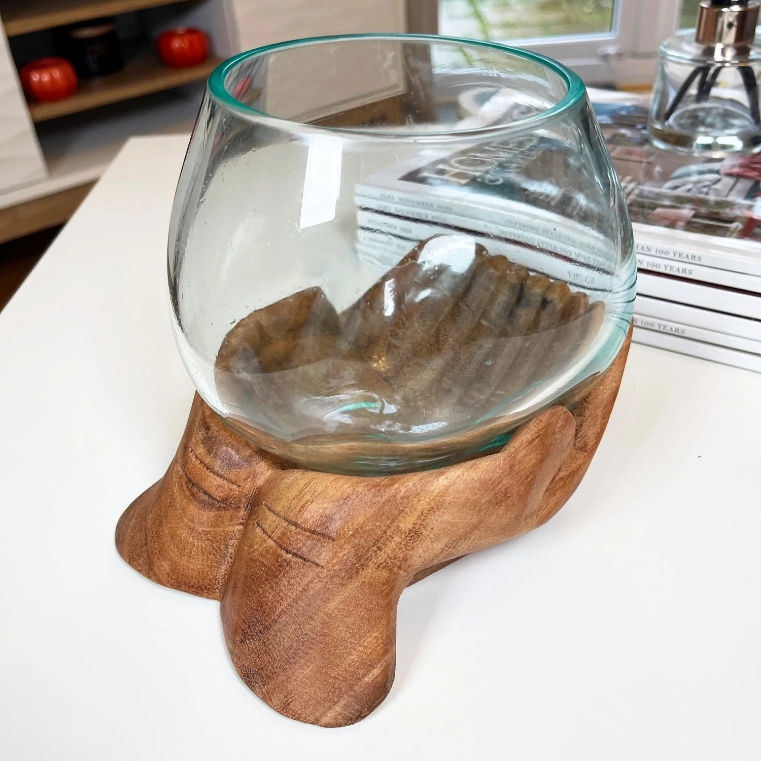 Darthome Limited Molten Glass Bowl With Hand Of Hope Teak Wood Stand 9 Darthome Limited Molten Glass Bowl With Hand Of Hope Teak Wood Stand - Image 9
