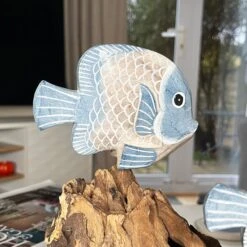 Darthome Limited Blue Fish On Teak Root Coral Reef Sculpture -Decor Garden Shop IMG E5897