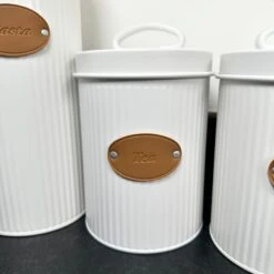 Darthome Limited White Ribbed Tea Coffee Sugar Canisters -Decor Garden Shop IMG E9697