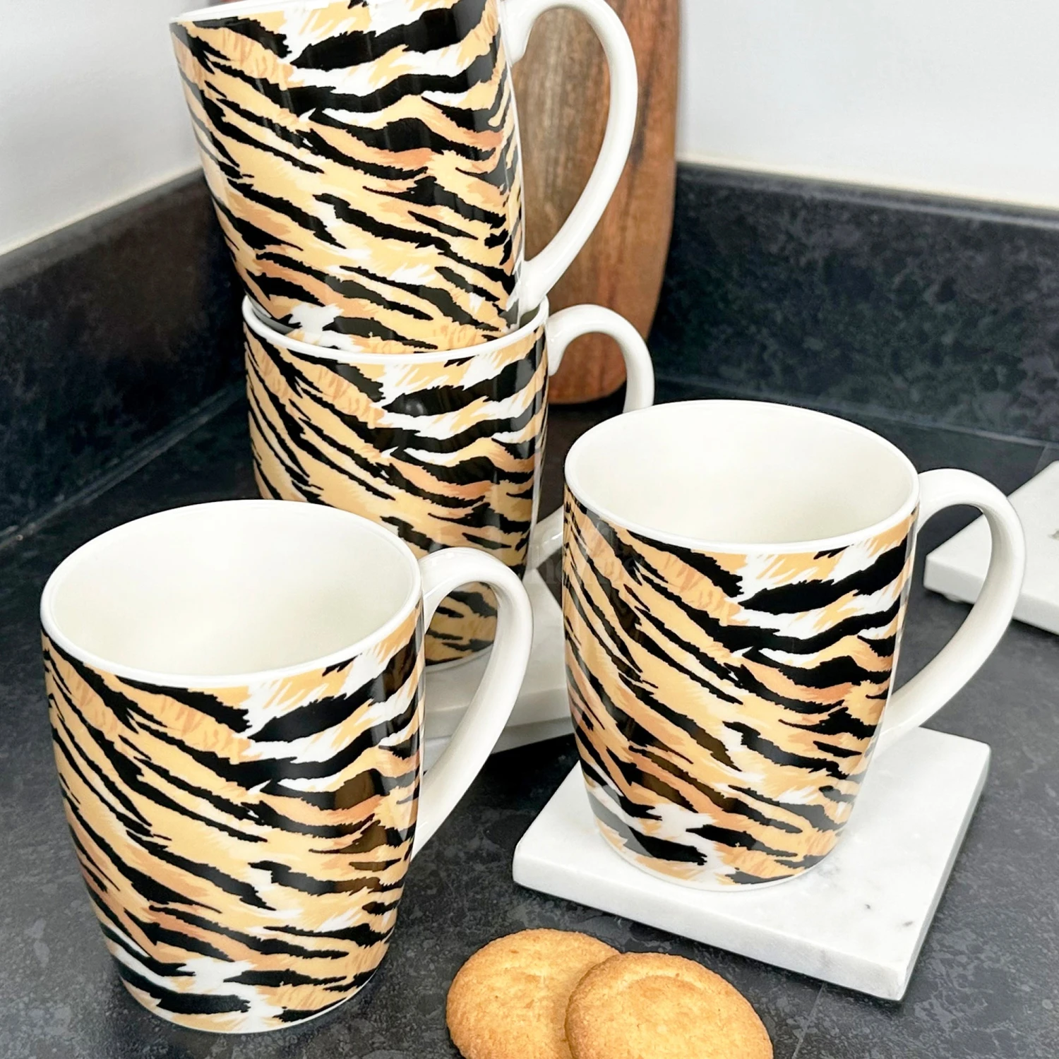 Darthome Limited Set Of 4 Tiger Print 330ml Mugs 1 Darthome Limited Set Of 4 Tiger Print 330ml Mugs