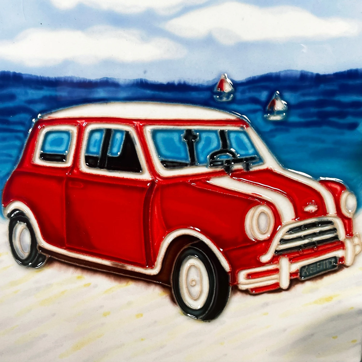 Darthome Limited Red Car On Beach Ceramic Tile Wall Art 2 Darthome Limited Red Car On Beach Ceramic Tile Wall Art - Image 2